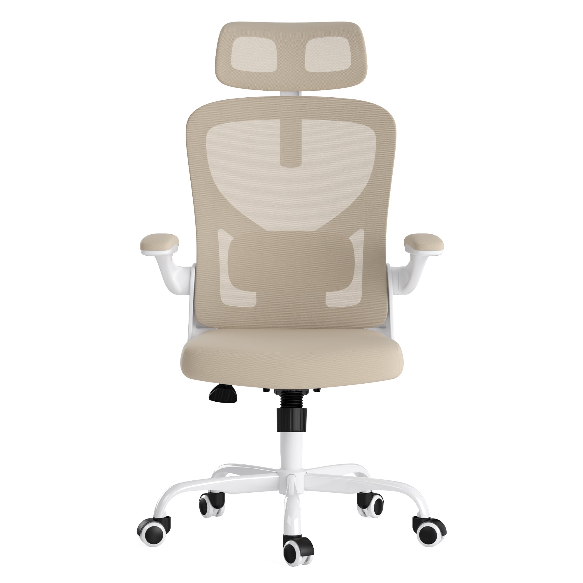 Ergonomic Office Chair, Home Office Desk Chair with Headrest, High Back Computer Chair with Armrests and Adjustable Lumbar Support for Home Office Study Room, White & Khaki