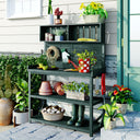 TOPMAX 65' Large Wooden Farmhouse Rustic Outdoor Potting Bench Table, Patio Workstation, Garden Potting Bench with 4 Storage Shelves and Side Hook, Forest Green