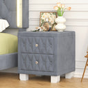 Elegant Velvet Nightstand with 2 Drawers and Crystal Handle, Storage Bedside Table with Button-Tufted, Grey