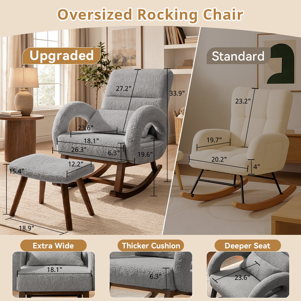 COMHOMA Teddy Fabric Rocking Chair Nursery with Ottoman & Lumber Pillow H007