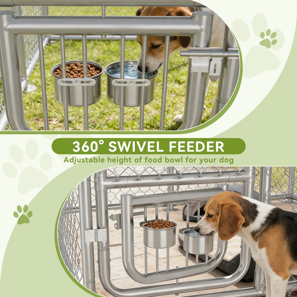 360° swivel feeder with adjustable height for dog food bowls attached to a metal outdoor dog kennel, showing a dog drinking water and eating.
