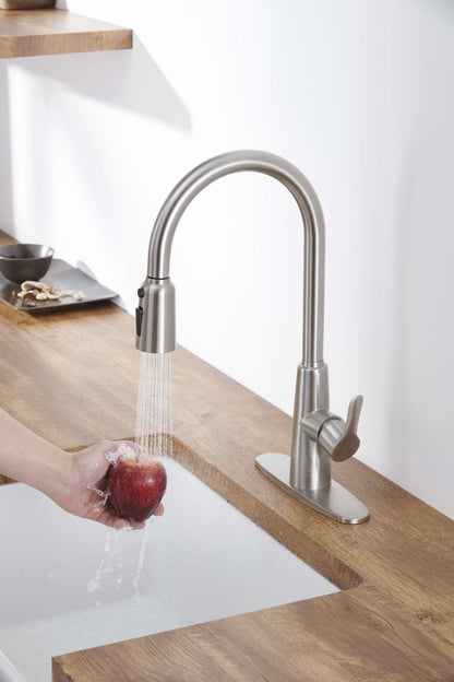 Kitchen Sink Faucet with Pull Out Sprayer Brushed Nickle,Stainless Steel High Arc Kitchen Sink Faucet, 3 Way Setting Single Handle Kitchen Faucets with Deck Plate