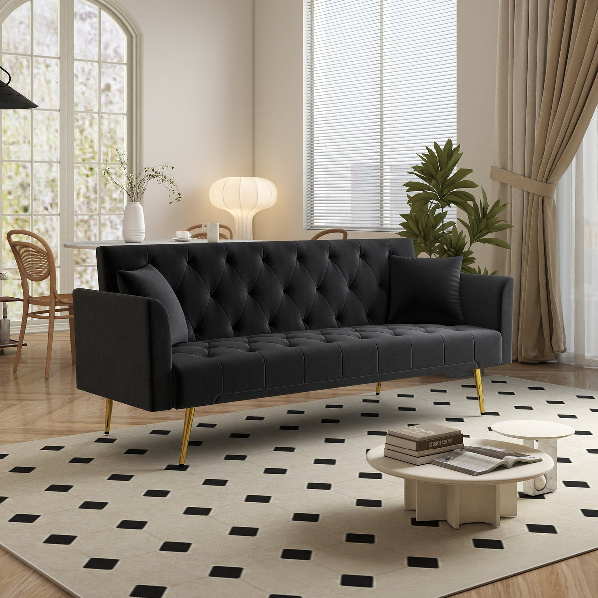 Modern convertible 72 inch foldable sleeper sofa with tufted, American retro style, made of black velvet material, suitable for small living rooms, bedrooms and offices. black color