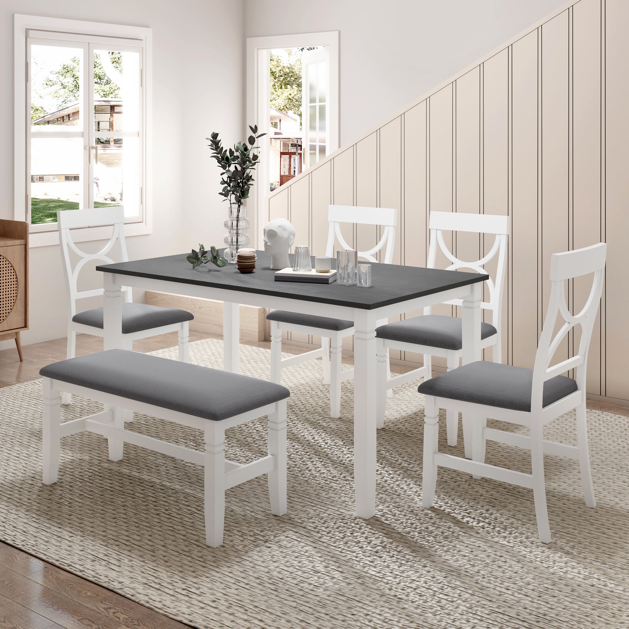 TOPMAX 6-Piece Wood Dining Table Set Kitchen Table Set with Upholstered Bench and 4 Dining Chairs, Farmhouse Style,Gray+White (old sku: SP000003AAK)
