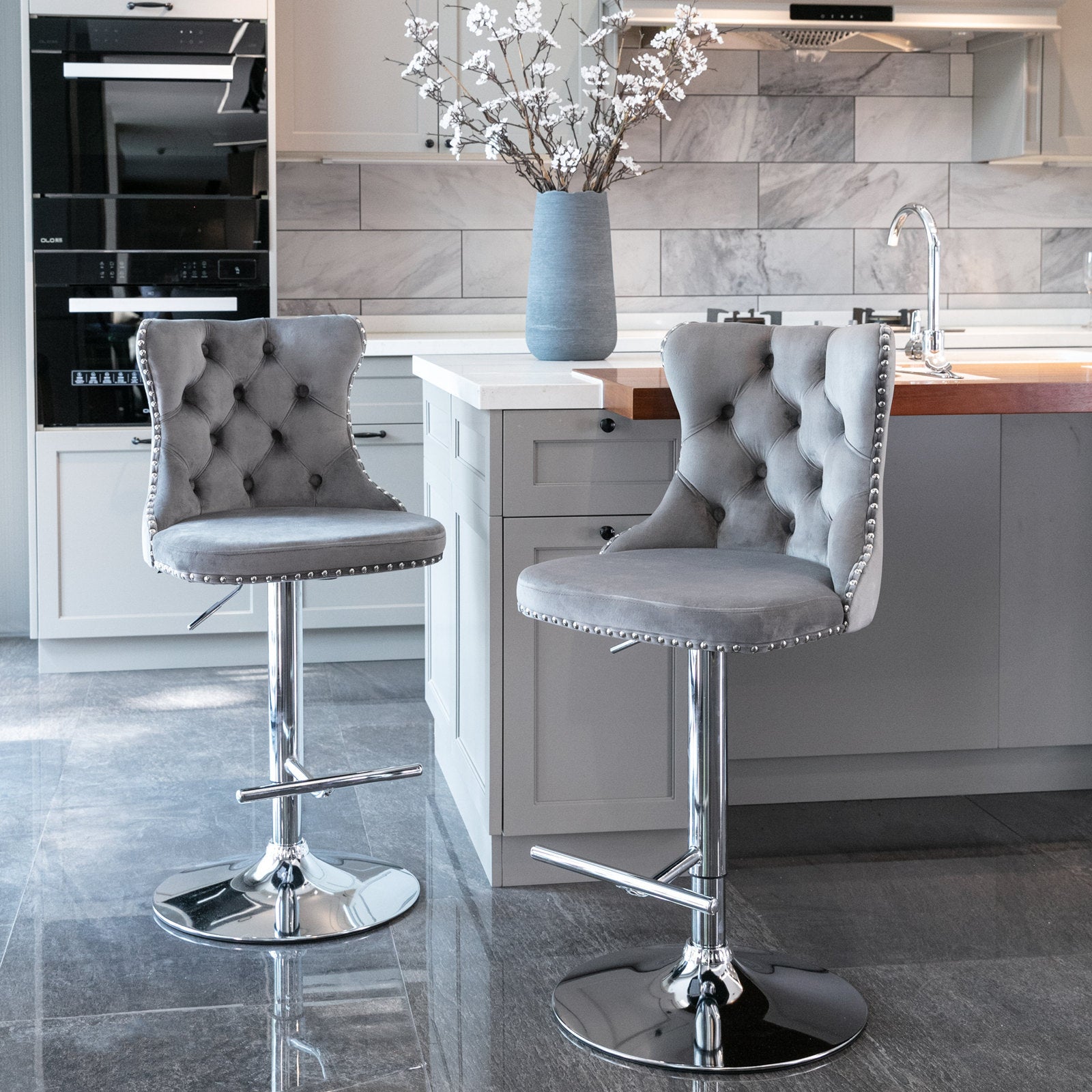 Swivel Velvet Barstools Adjusatble Seat Height from 25-33 Inch, Chrome base Bar Stools with Backs Comfortable Tufted for Home Pub and Kitchen Island,Set of 2,  AS1712GY, Gray