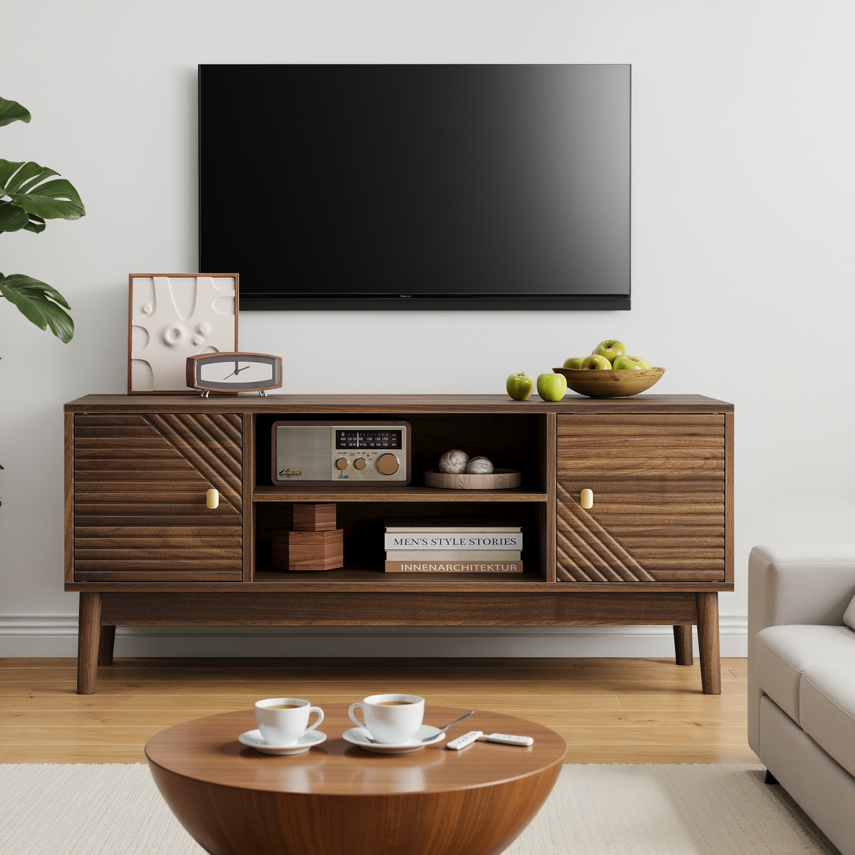 43.31 inch TV Stand, Mid-Century Modern TV Stand for 32/45 inch TV, Entertainment Center with Storage, Media Console Table for Living Room and Bedroom, Walnut