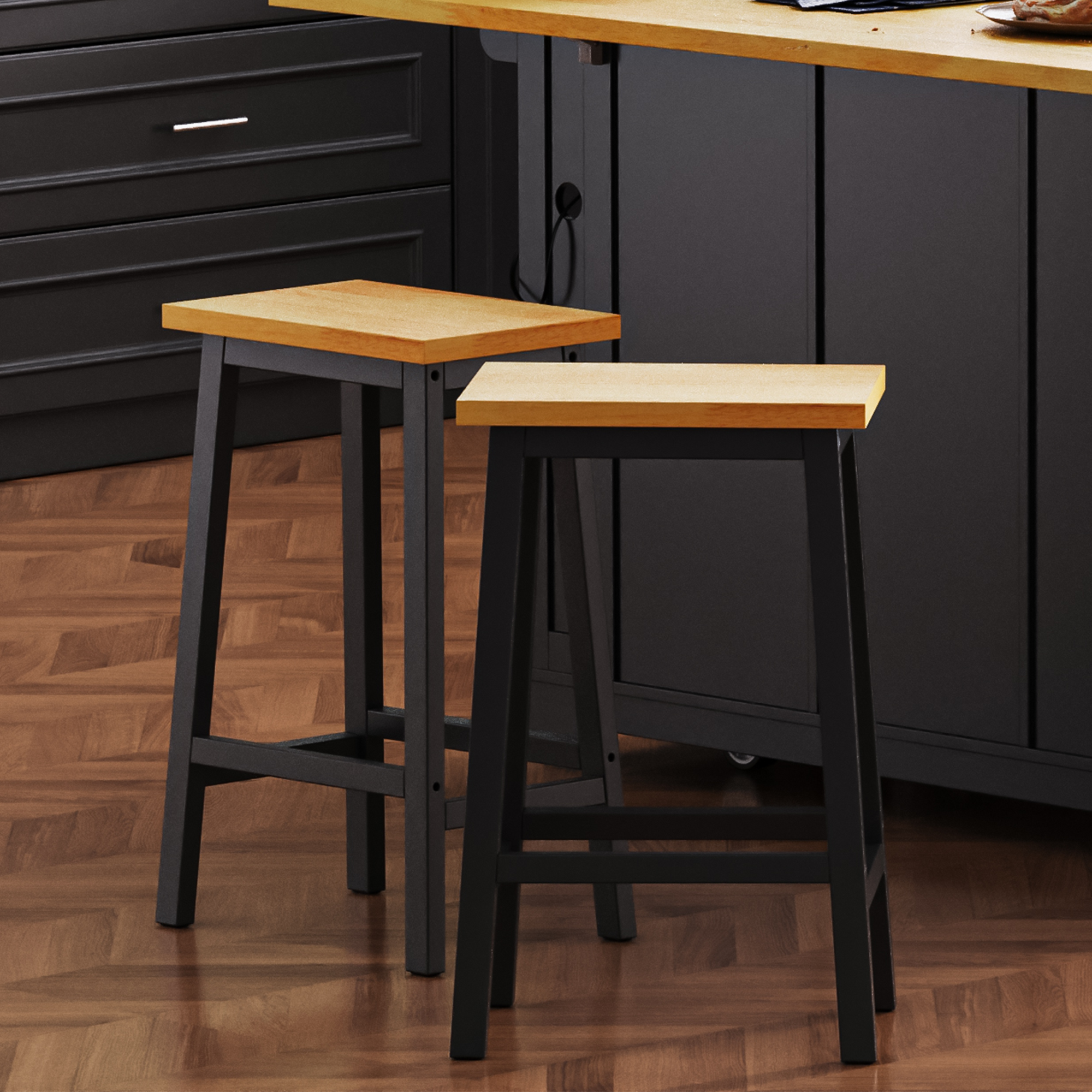 K&K Solid Wood Bar Stools (Not Cheap Iron), 25.6' Tall Set of 2 Bar Chairs, Kitchen Counter Stools with Footrests, Farmhouse Stools for Dining Room, Kitchen, Counter, Black