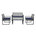 4-Piece Patio Furniture Set with Gray Acacia Wood Table Top, Blue Cushions and Light Gray Rattan