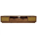 Modern 78-Inch TV Stand with Rattan Front Panels, Walnut Finish, for TVs up to 85-Inch, MDF & Metal Construction, Two Drawers and Open Shelving