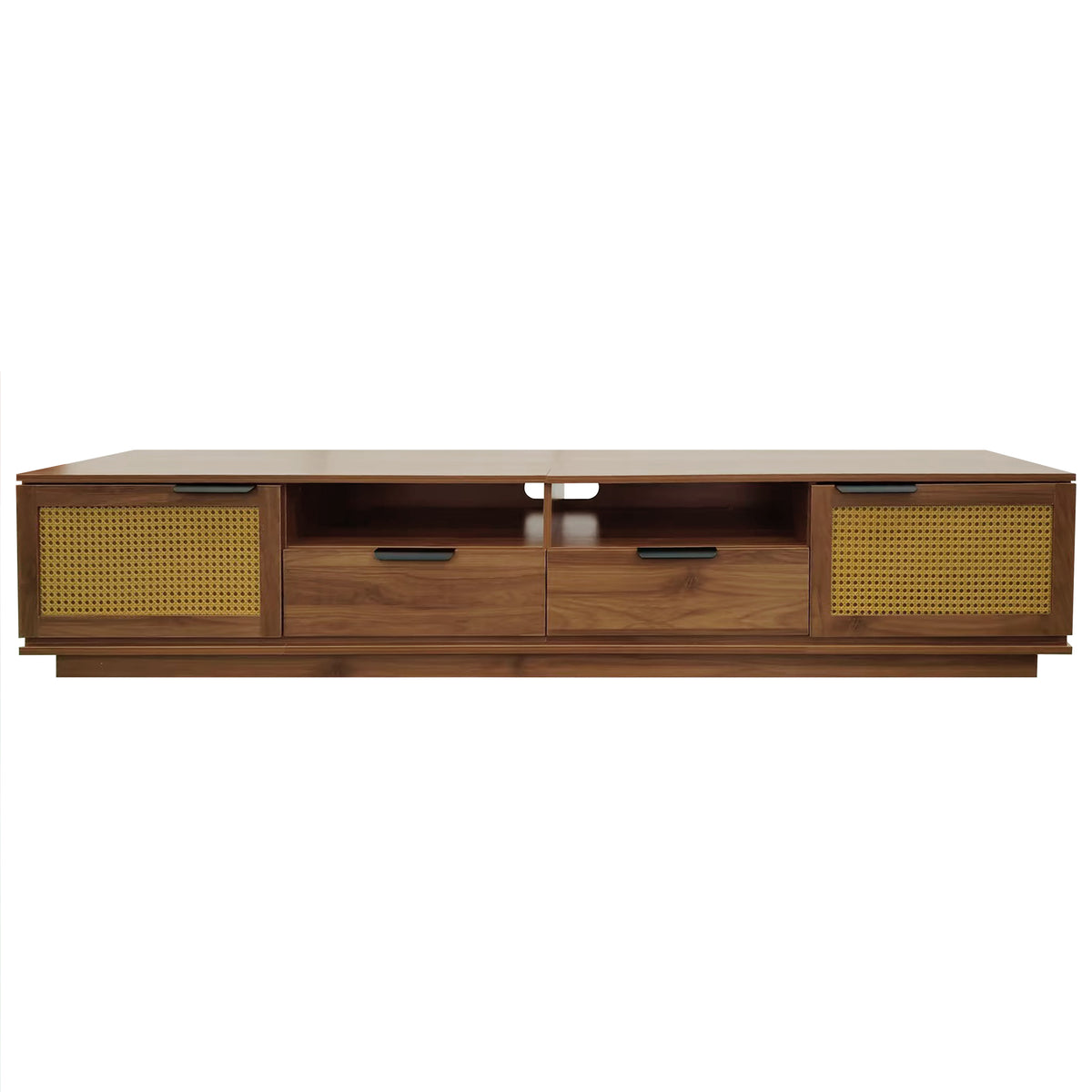 Modern 78-Inch TV Stand with Rattan Front Panels, Walnut Finish, for TVs up to 85-Inch, MDF & Metal Construction, Two Drawers and Open Shelving