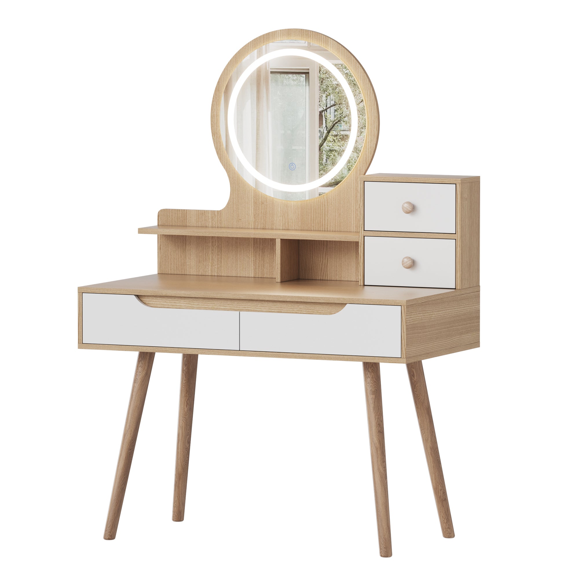 Elegant Makeup Vanity Desk with Adjustable Lighted Mirror, Solid Wood Table Feet, American White Oak, MDF, Compact Size