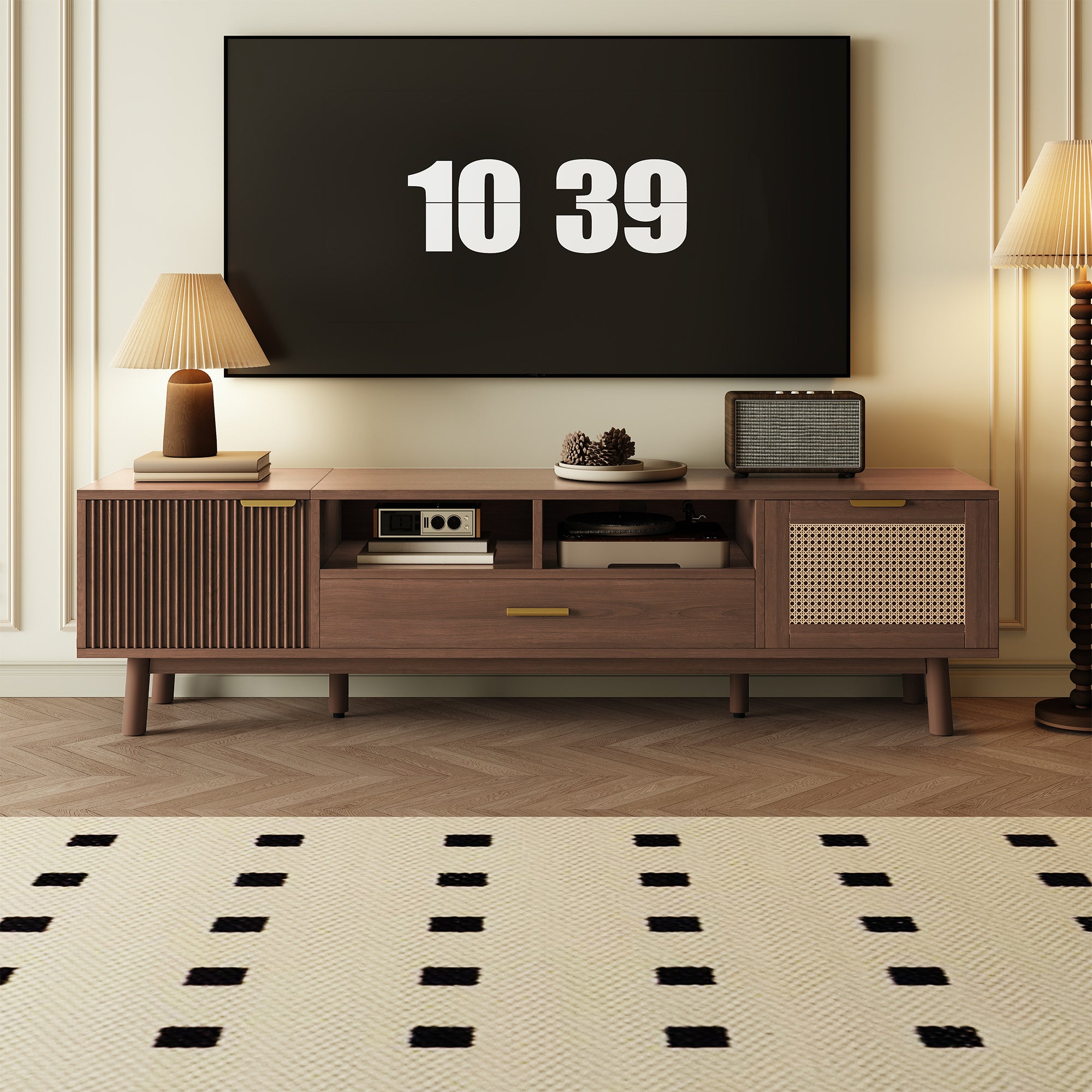 Wood Fashionable TV Stand for 75' TVs, TV Cabinet with Soft-Closing Door and Drop-Down Door Cabinet, Modern TV Consoles for Living Room, Bedroom