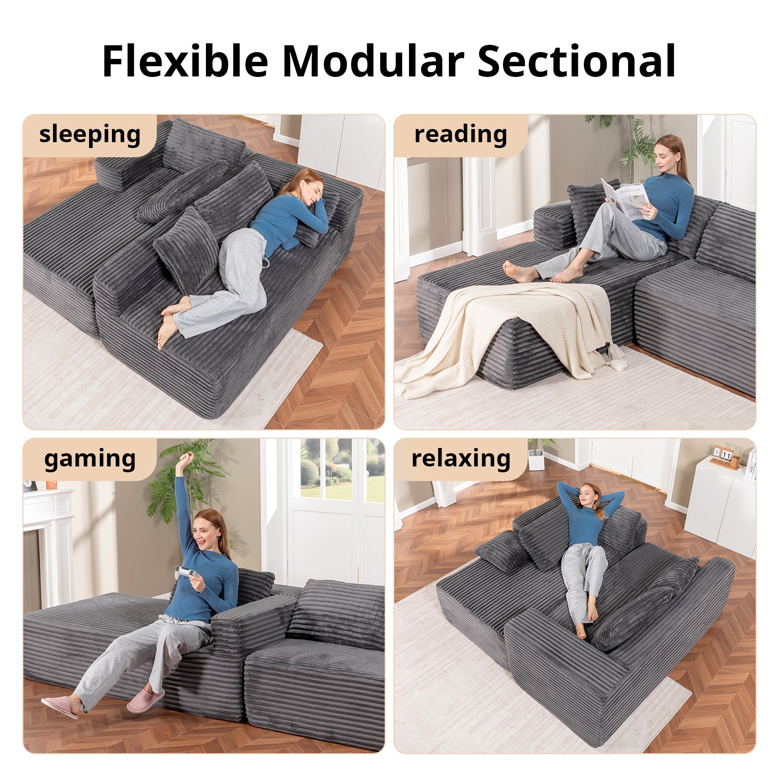 COMHOMA Modular Sectional Couch with L/R-Shape Chaise, Corduroy Upholstery & No Assembly Required B10