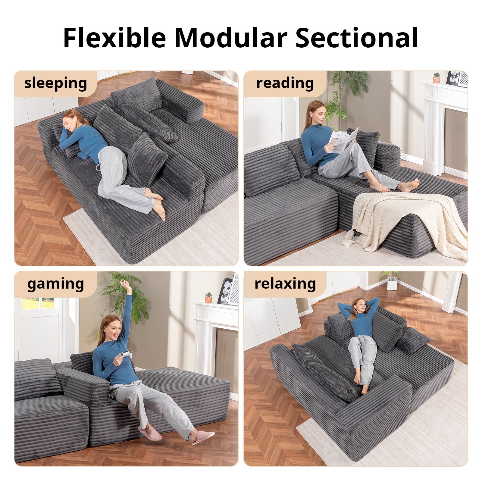 COMHOMA Modular Sectional Couch with L/R-Shape Chaise, Corduroy Upholstery & No Assembly Required B10