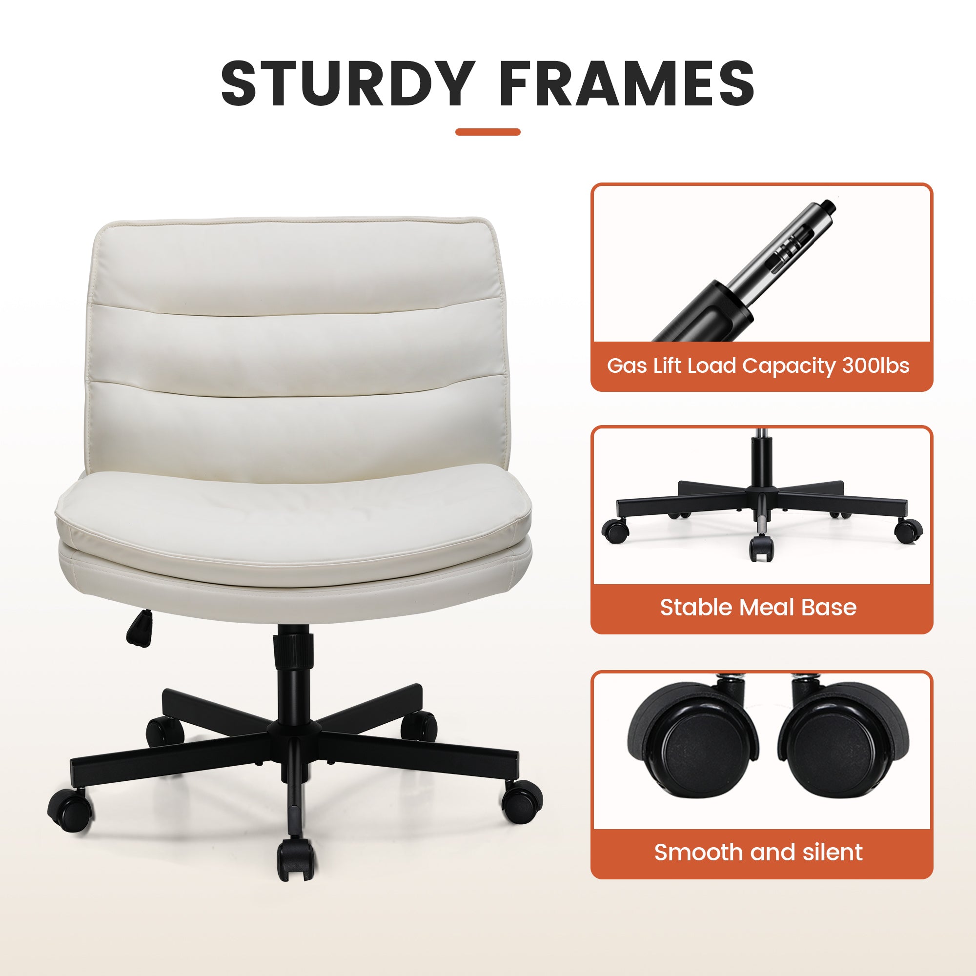White ergonomic office chair with sturdy black base and caster wheels, featuring gas lift with 300lbs load capacity, stable metal base, and smooth silent casters in office furniture collection.