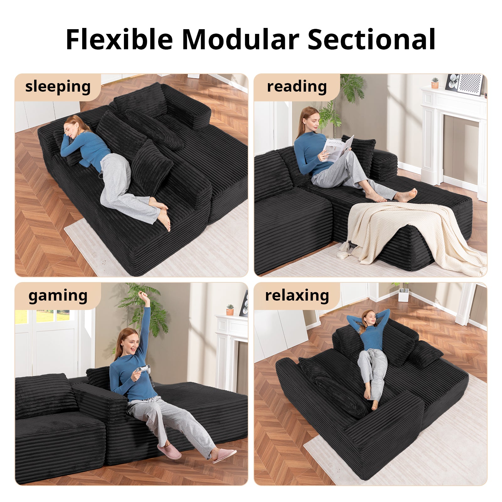 COMHOMA Modular Sectional Couch with L/R-Shape Chaise, Corduroy Upholstery & No Assembly Required B10
