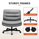Gray ergonomic office chair with padded seat and back, black stable metal base with caster wheels, highlighting gas lift with 300lbs capacity, stable base, and smooth silent casters in office furniture context.