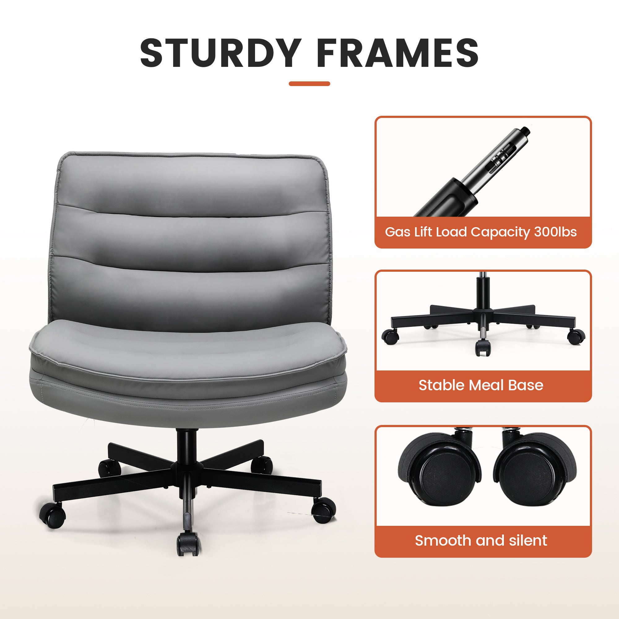 Gray ergonomic office chair with padded seat and back, black stable metal base with caster wheels, highlighting gas lift with 300lbs capacity, stable base, and smooth silent casters in office furniture context.