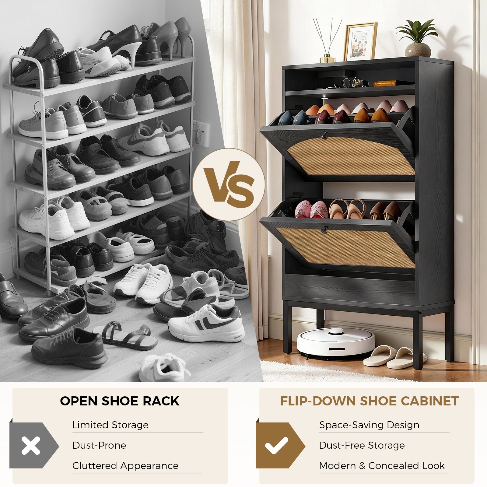 Shoe Storage Cabinet with 2 Flip Drawers & Charging Station