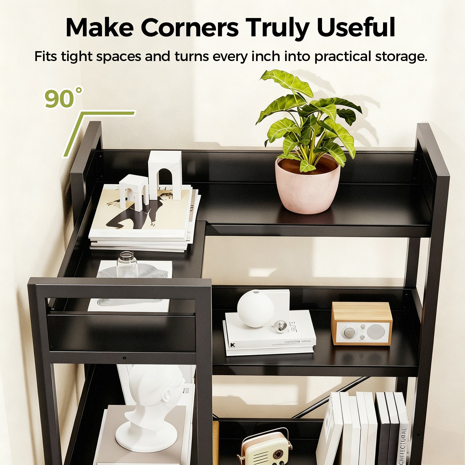 COMHOMA 5-Tier/6-Tier Corner Bookshelf, L-Shaped Metal Frame Shelf with Tall 14" Shelves HBOK1
