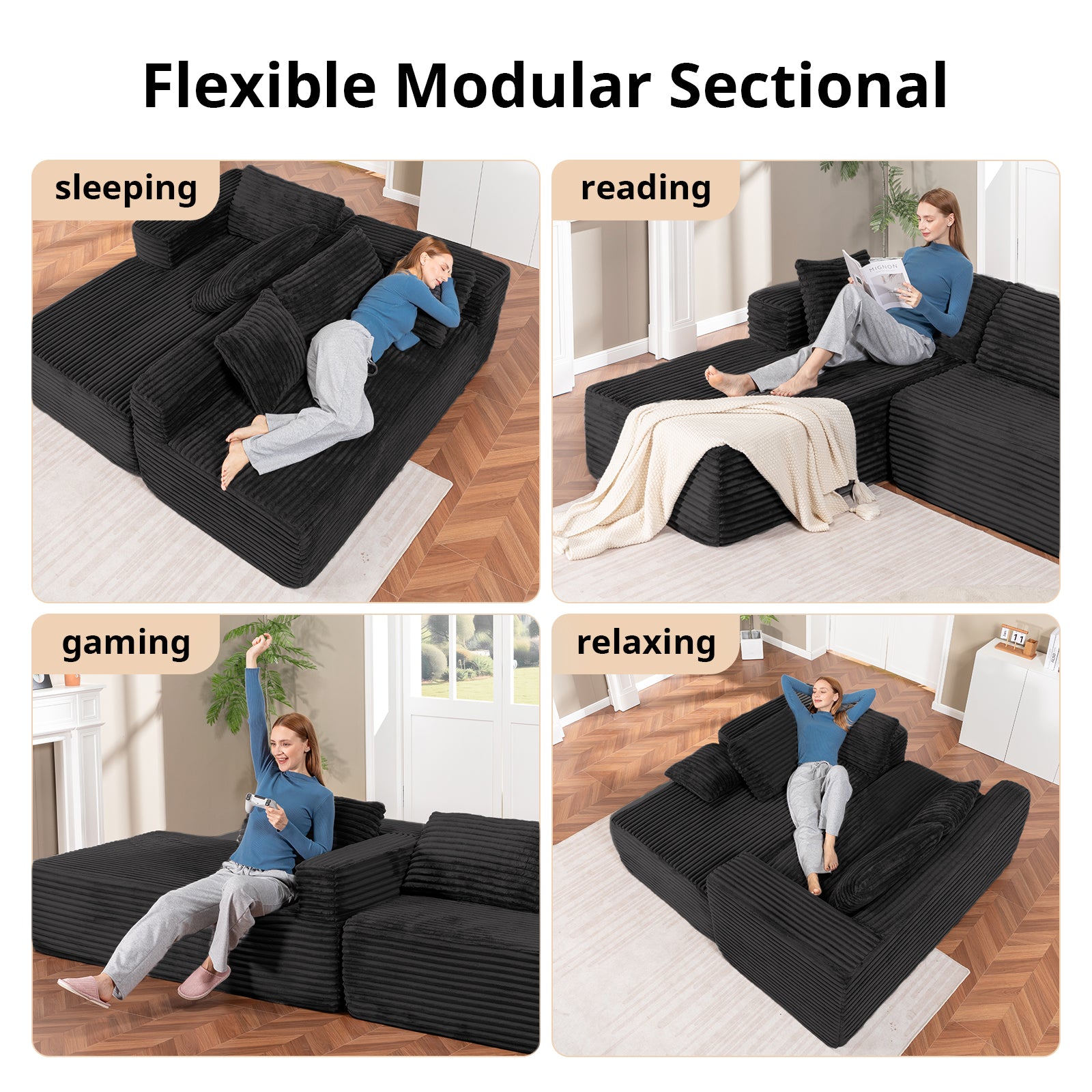 COMHOMA Modular Sectional Couch with L/R-Shape Chaise, Corduroy Upholstery & No Assembly Required B10