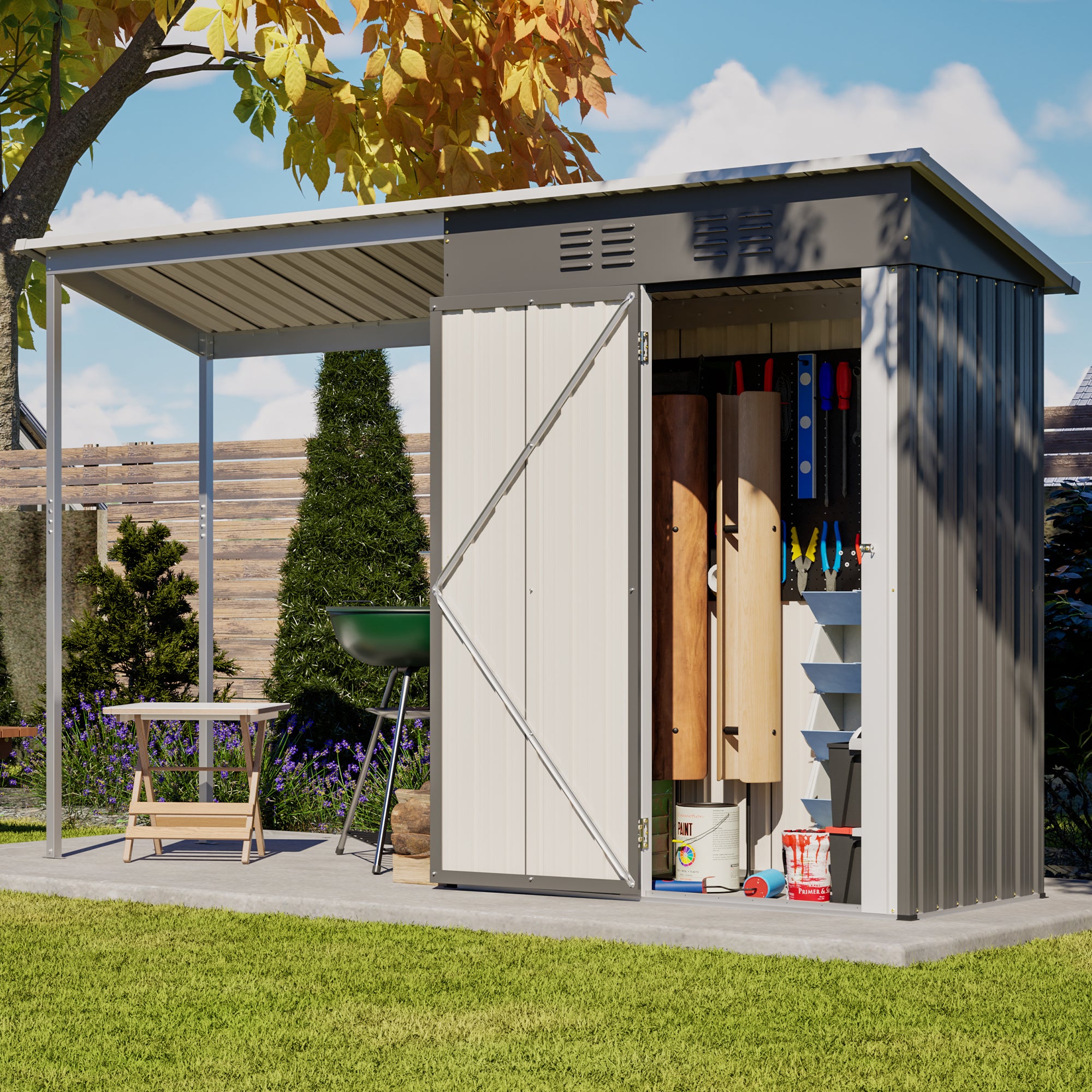 Durable 5x3FT Galvanized Steel Shed & Gazebo Combo, Easy Assembly Lean-To Storage with Open Pergola, All-Weather 2-in-1 Garden Shed for Tool Storage, Patio, Backyard