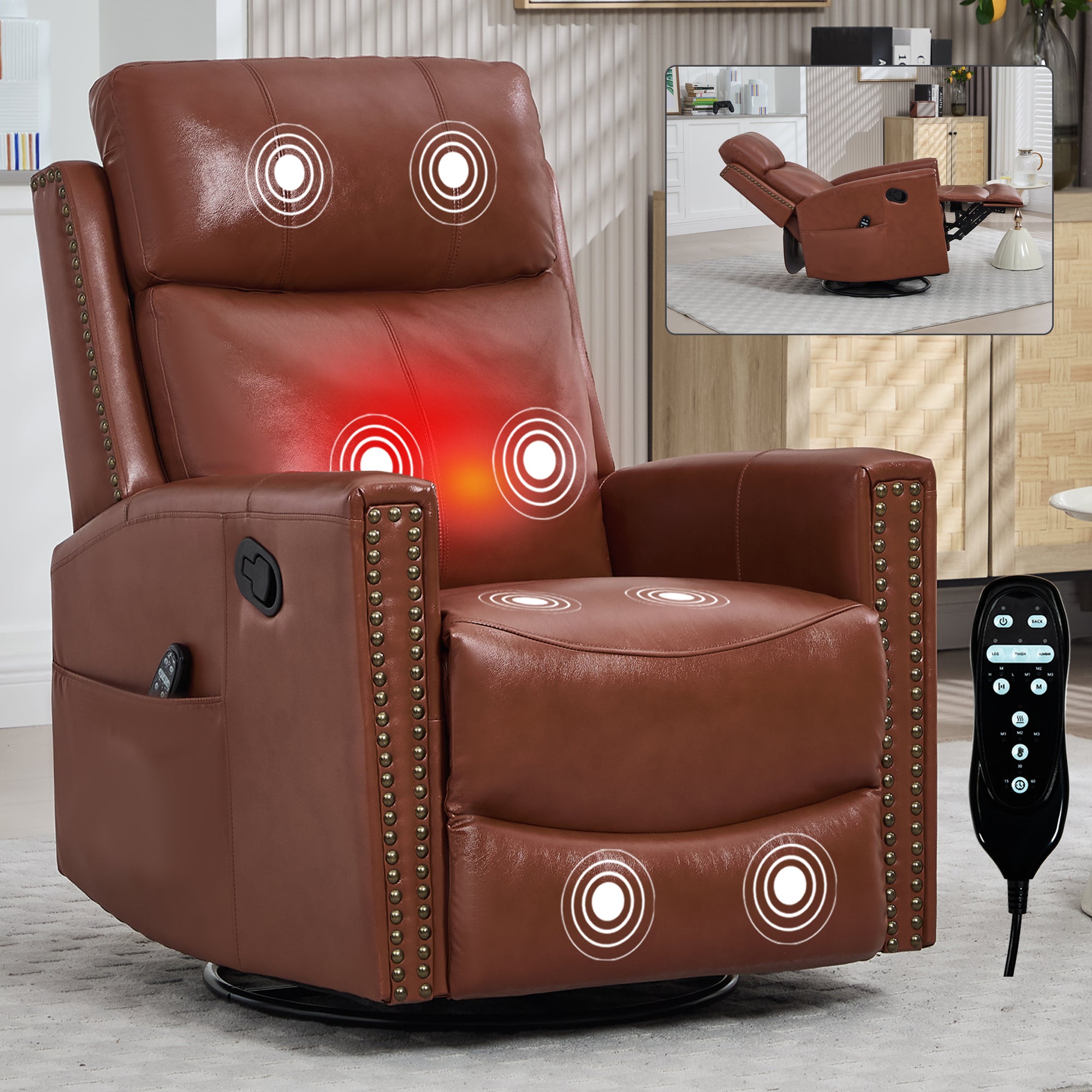 Red Genuine Leather Heat Massage Manual Recliner Chair with Rocker and Swivel for Living Room