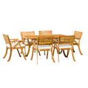 Outdoor wood dining set featuring seven pieces with cream cushions, made from acacia wood with a teak finish, suitable for garden and patio furniture sets.