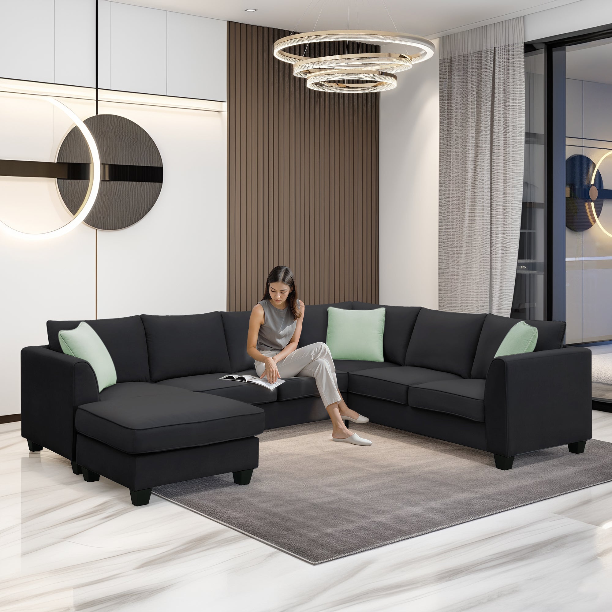 [VIDEO provided] 112*87' Sectional Sofa Couches Living Room Sets, 7 Seats Modular Sectional Sofa with Ottoman, L Shape Fabric Sofa Corner Couch Set with 3 Pillows, Black(New of GS008210AAB)