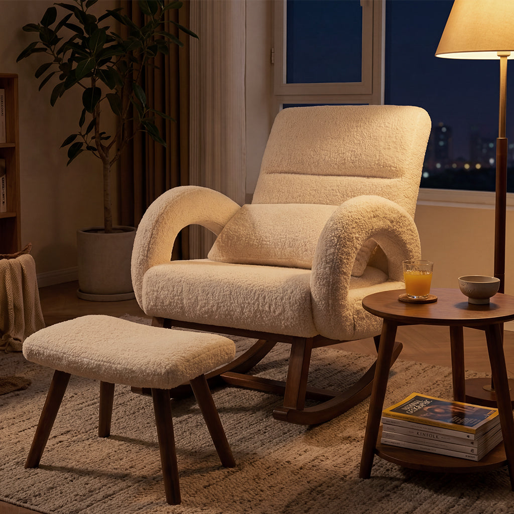 COMHOMA Teddy Fabric Rocking Chair Nursery with Ottoman & Lumber Pillow H007