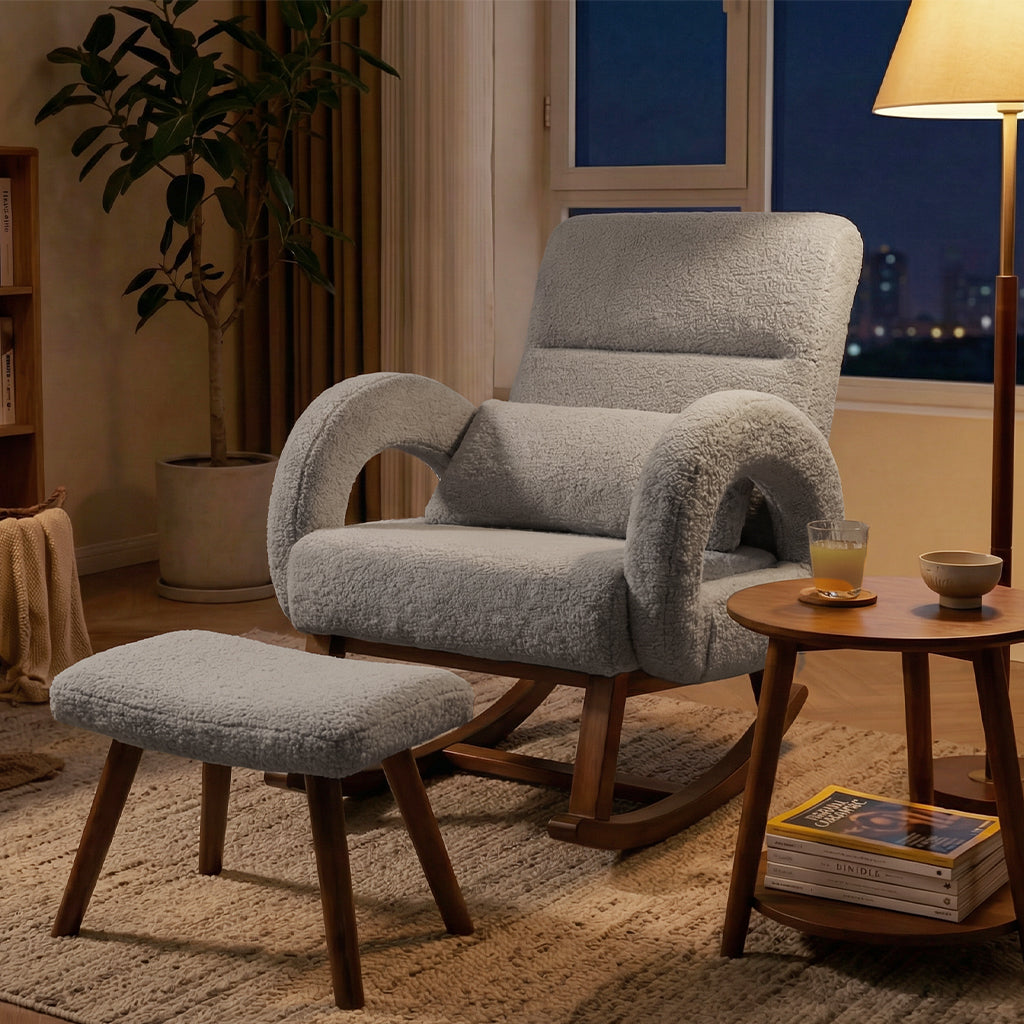 COMHOMA Teddy Fabric Rocking Chair Nursery with Ottoman & Lumber Pillow H007