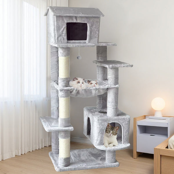 Gray Multi-Level Cat Tree with Unique Cat House, Hammock, Scratching Posts - Plush Cat Tower for Indoor Cats, Ideal for Multiple Cats 64in