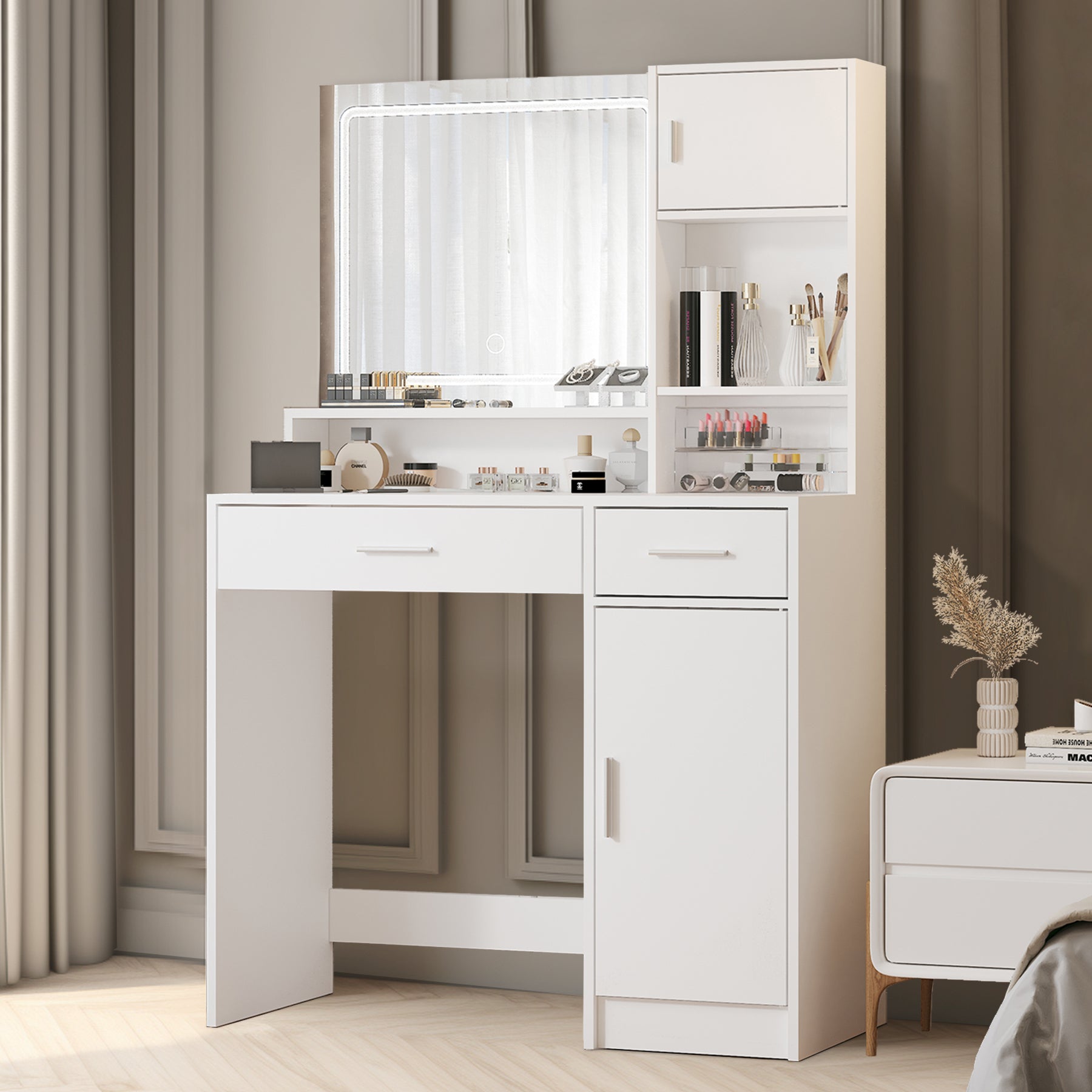 Vanity Desk with Mirror and LED Light Strip,Dressing Table with Large Drawer, 3 Level Storage Dresser & 3 Lighting Modes Adjustable Brightness, Suitable for Bedroom(white)