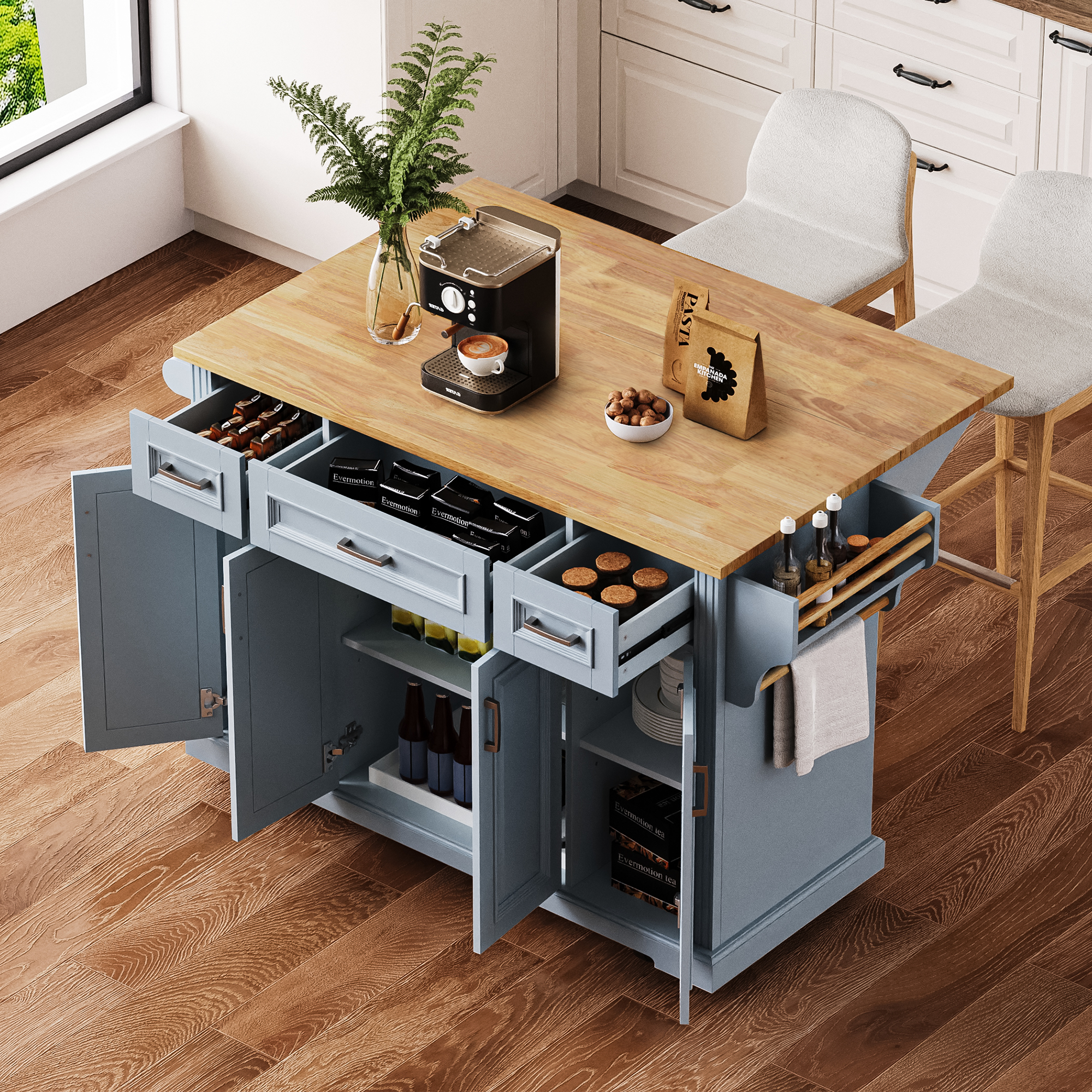 K&K 54inch Large Kitchen Island with Rubber Wood Drop Leaf, Embossed Texture Rolling Kitchen Cart on 4 Wheels with 4 Doors and 3 Drawers, Kitchen Island with Storage for Kitchen, Dining Room,Grey Blue