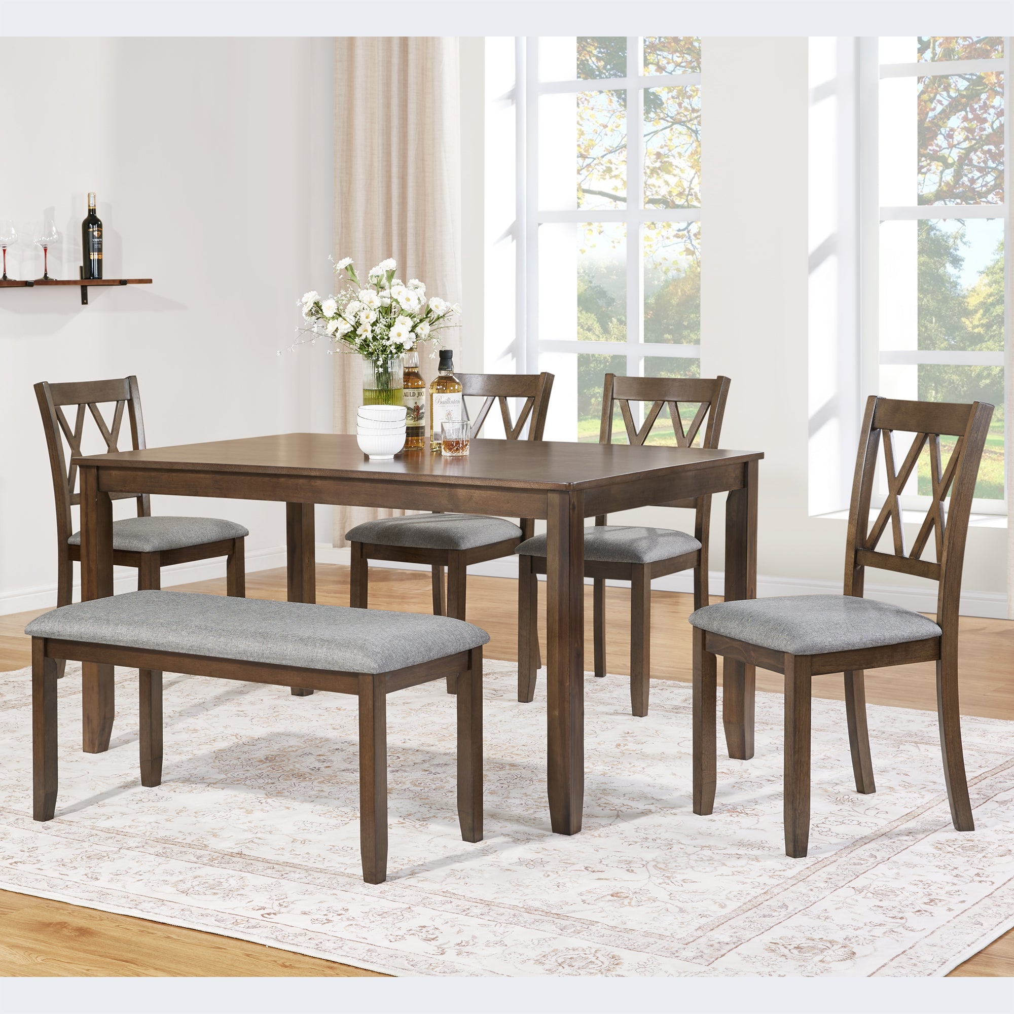 Elegant 6-piece Wooden Dining Table Set with 4 Chairs and a Bench. Modern Dining Table Set for 6 People, Rectangular Dining Table Set for Living Room, Kitchen and Dining Room, Walnut