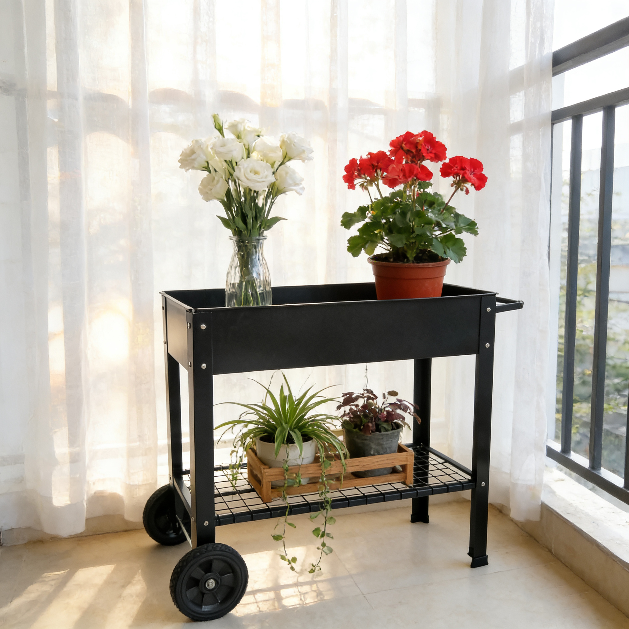 Mobile Metal Raised Garden Bed Cart with Legs, Elevated Tall Planter Box with Wheels for Outdoor Indoors House Patio Backyard Vegetables Tomato DIY Herb Grow Black