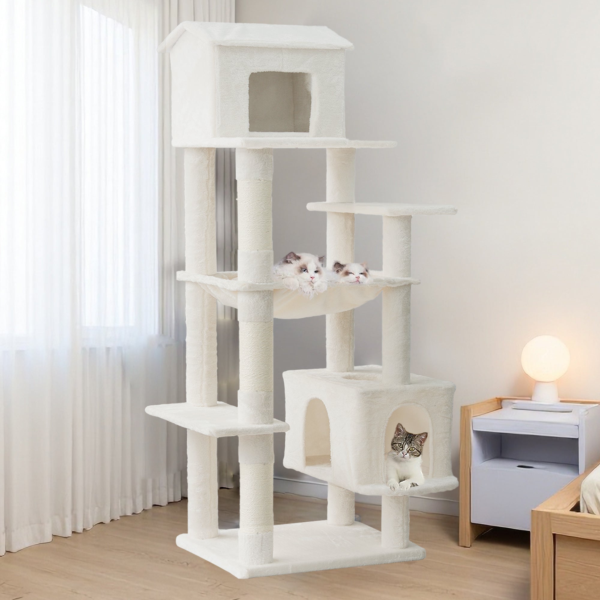 Beige Multi-Level Cat Tree with Unique Cat House, Hammock, Scratching Posts - Plush Cat Tower for Indoor Cats, Ideal for Multiple Cats 64in