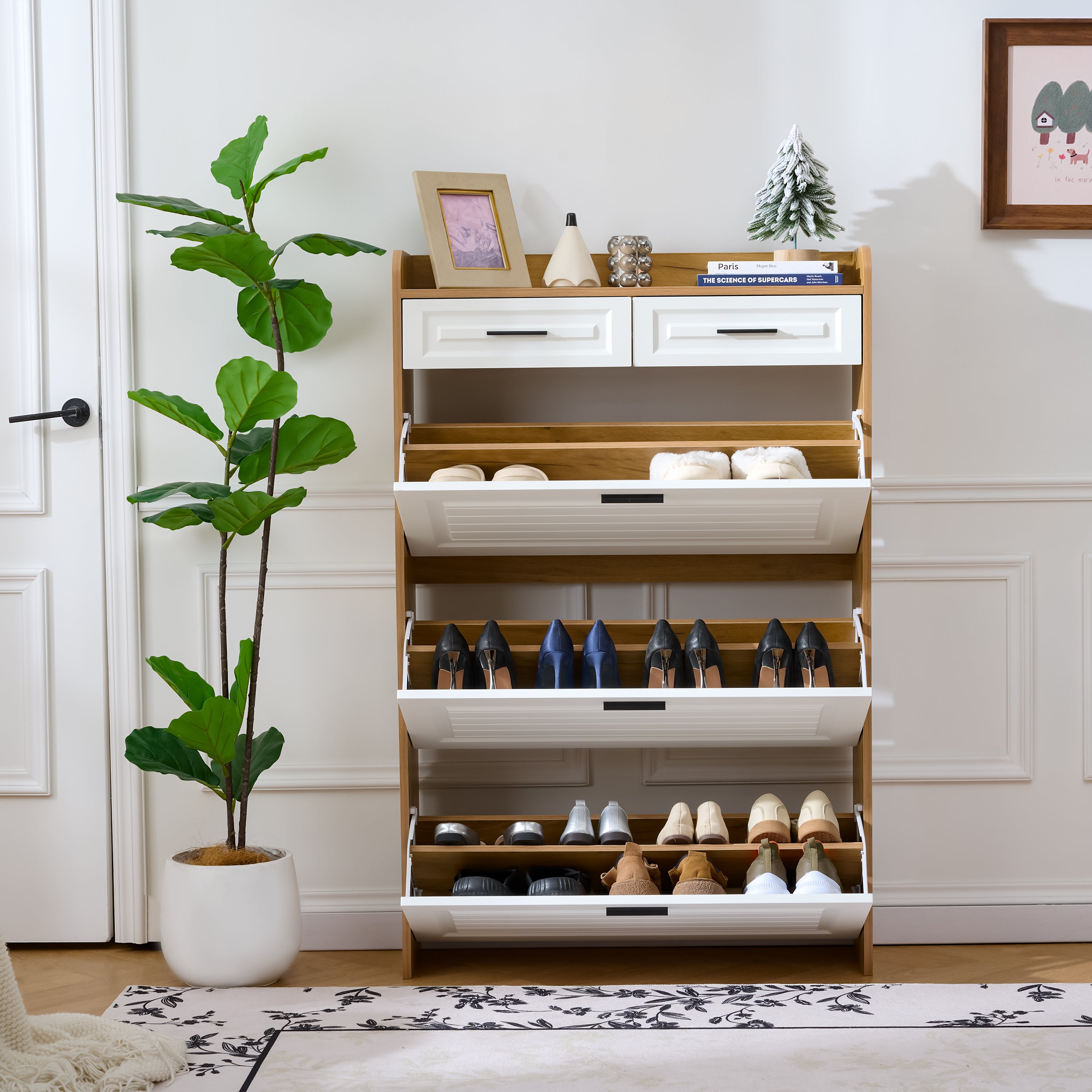 Shoe Cabinet with 3 Hidden Flip Drawers & 2 Storage drawer,Particle Board Narrow Shoe Storage Cabinet,Freestanding Shoe Organizer Cabinet for Entryway Hallway(White+Walnut)