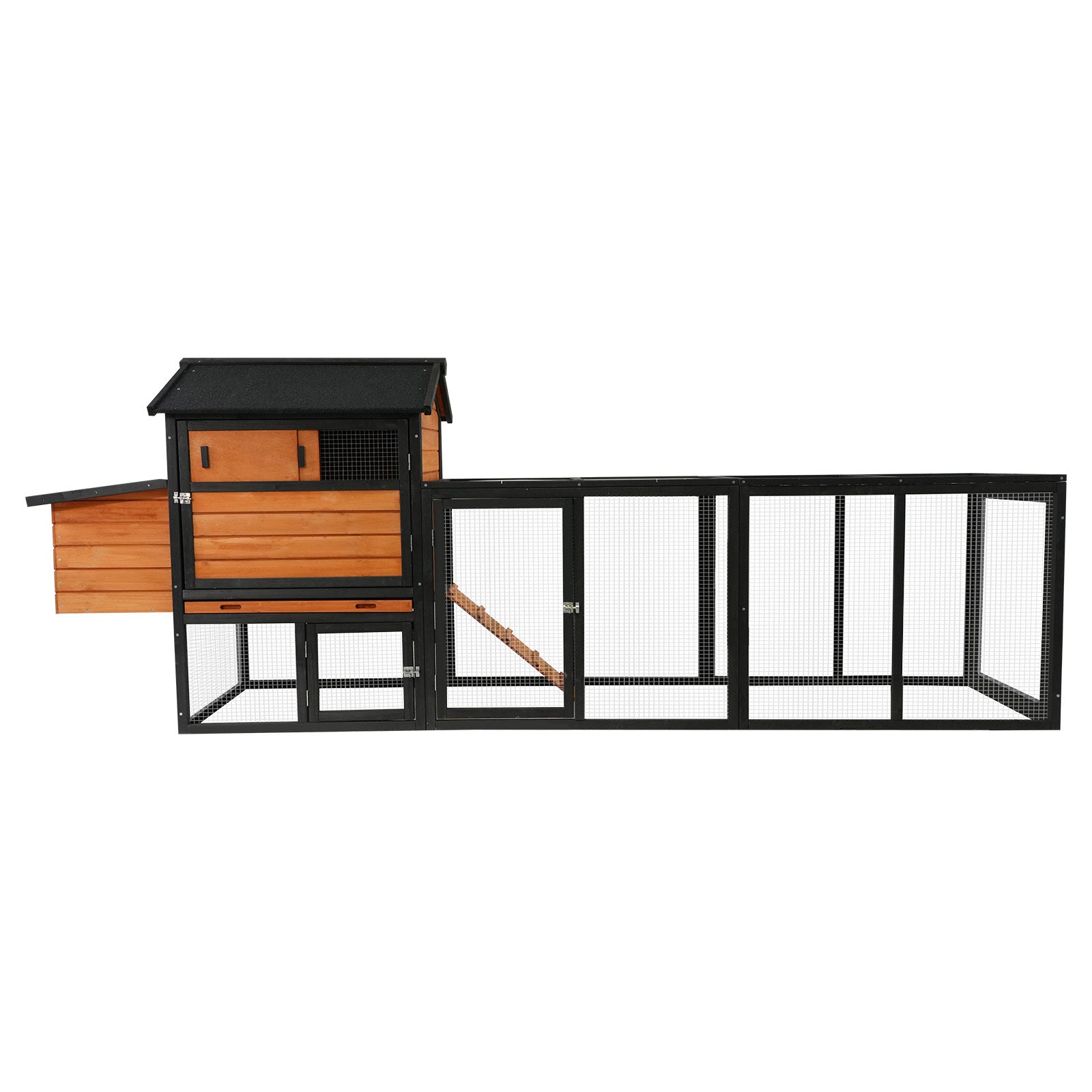 Brown+Black Solid Wood Chicken Coop with Run and Nesting Box, Large Outdoor Hen House for Backyard, Waterproof Anti-UV Roof, 114 x 25 x 42 inches