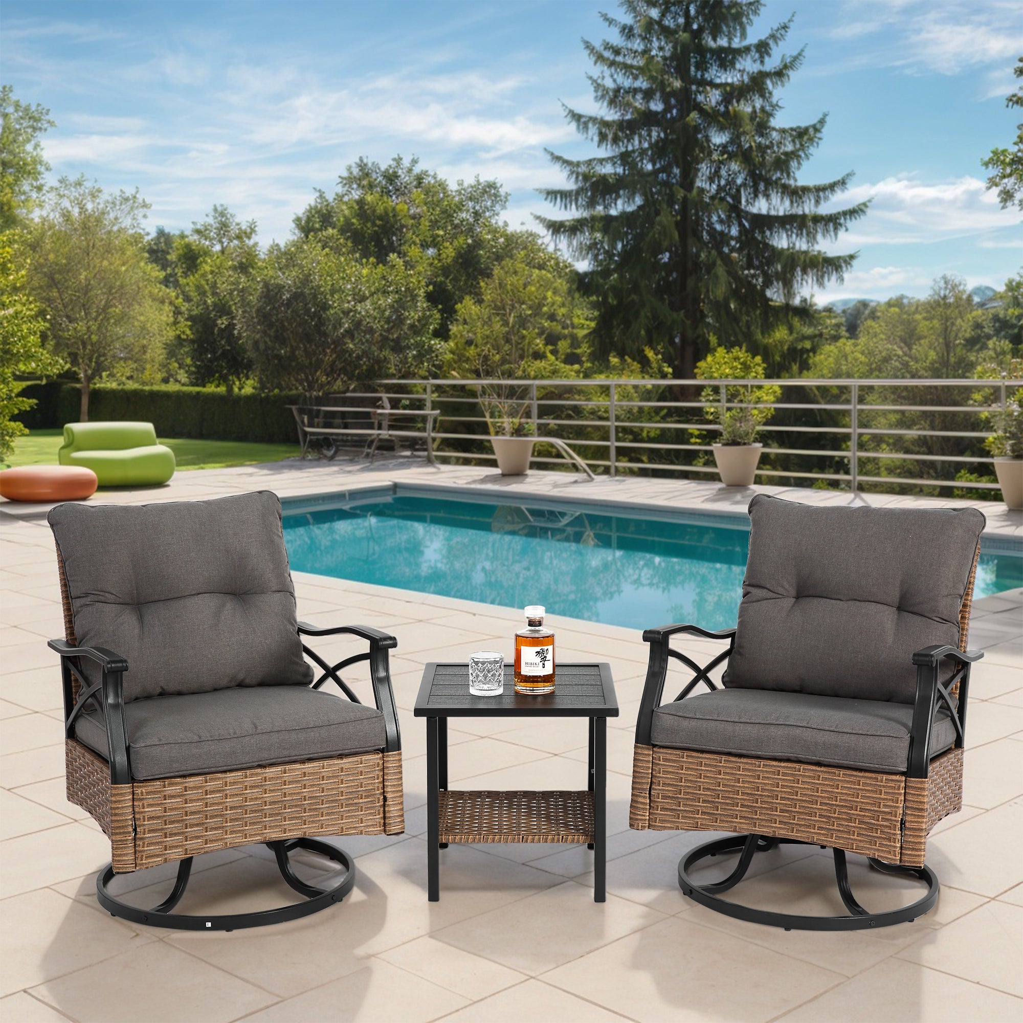 Outdoor Swivel Rocker Chairs Set 3 Piece with 1 Table and 2 Rocking & Swivel Chairs Support 350lbs Brown Wicker Outdoor Furniture Patio Conversation Set