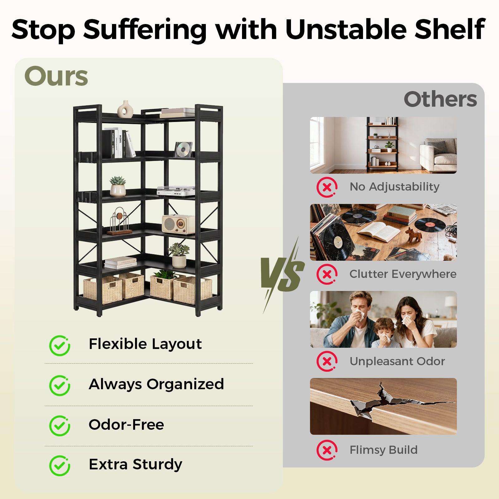 COMHOMA 5-Tier/6-Tier Corner Bookshelf, L-Shaped Metal Frame Shelf with Tall 14" Shelves HBOK1