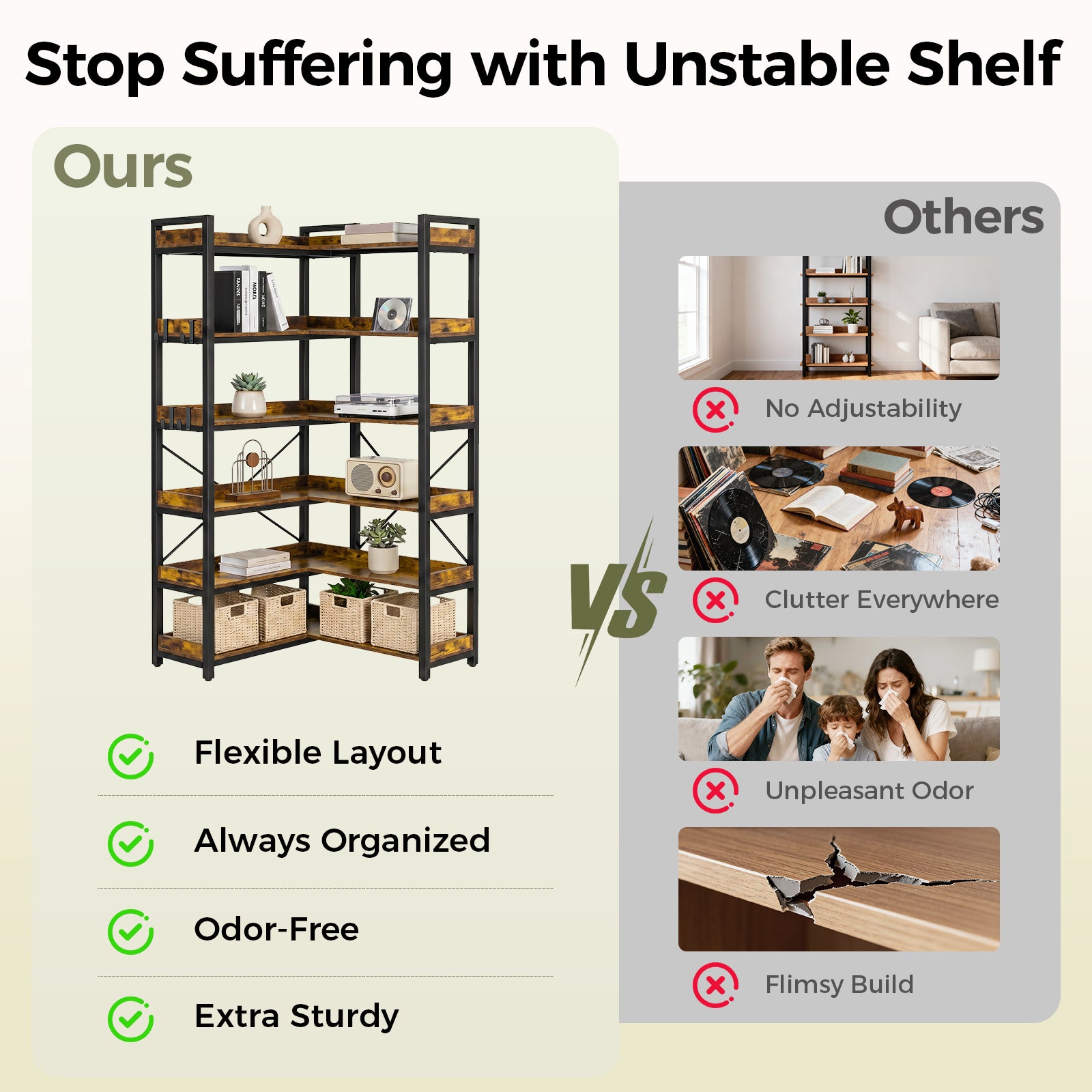 COMHOMA 5-Tier/6-Tier Corner Bookshelf, L-Shaped Metal Frame Shelf with Tall 14" Shelves HBOK1