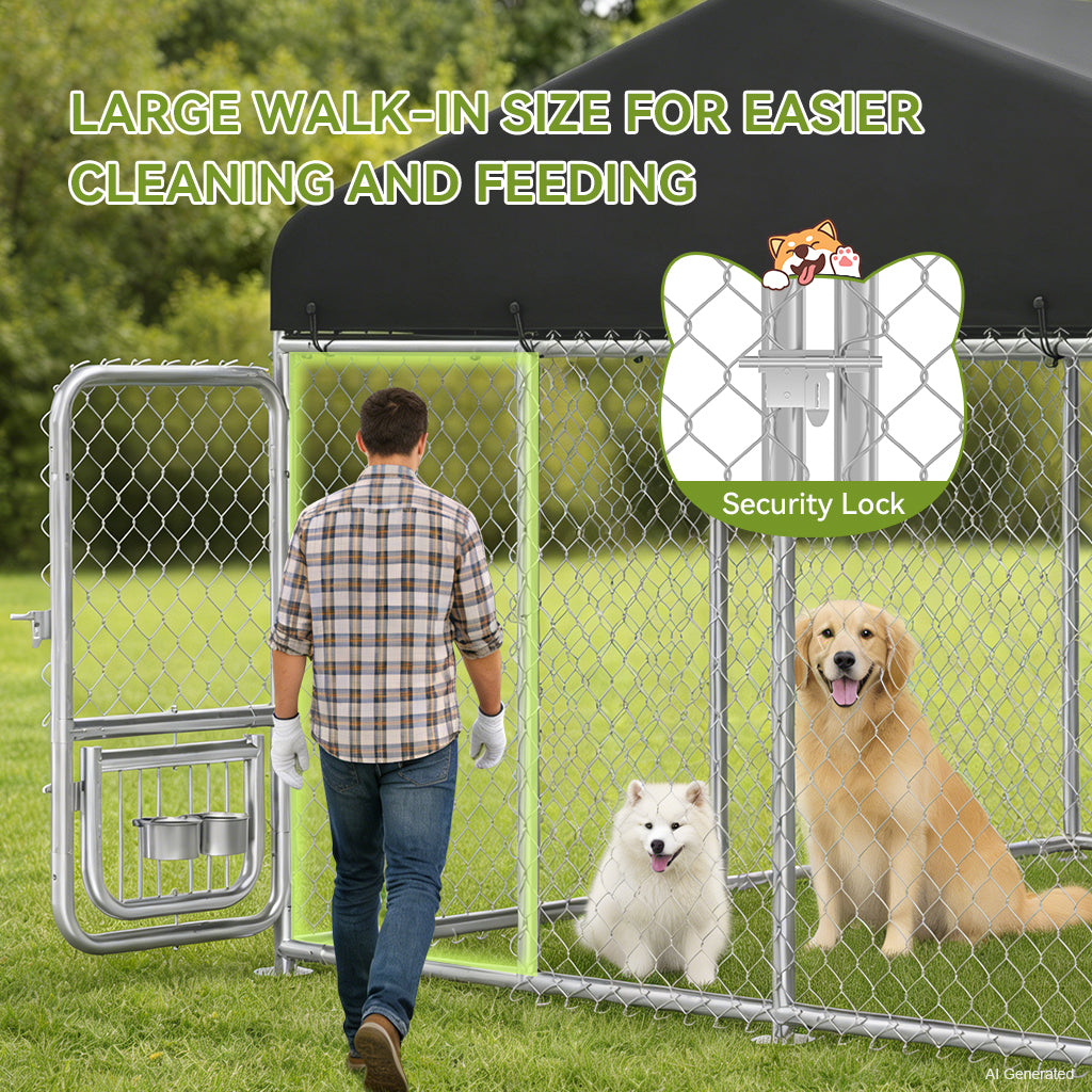 Large walk-in size for easier cleaning and feeding with a security lock feature shown on a chain-link outdoor dog kennel containing two dogs and a person entering.