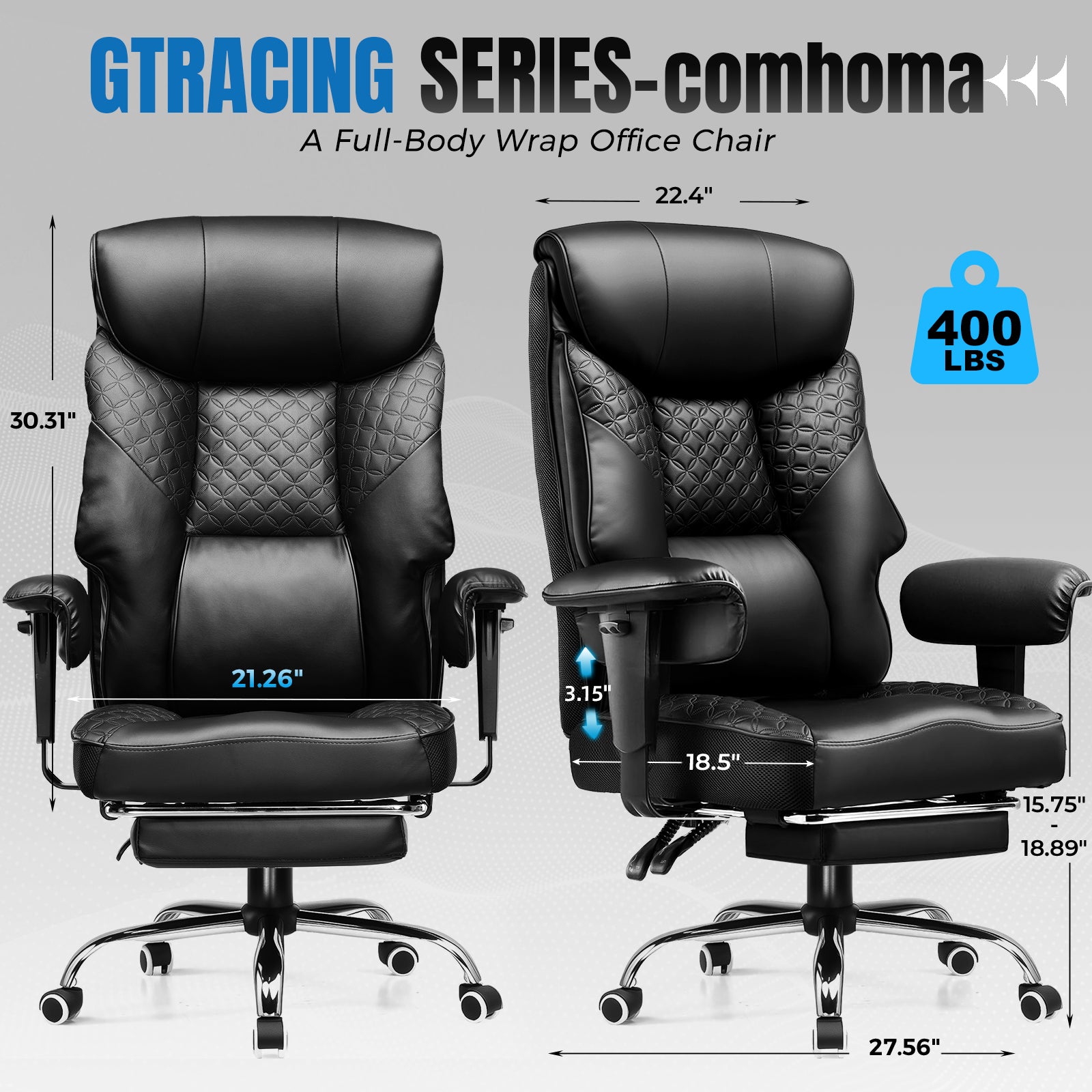 COMHOMA Big and Tall Office Chair 400lbs, 90°-150° Recline CH810
