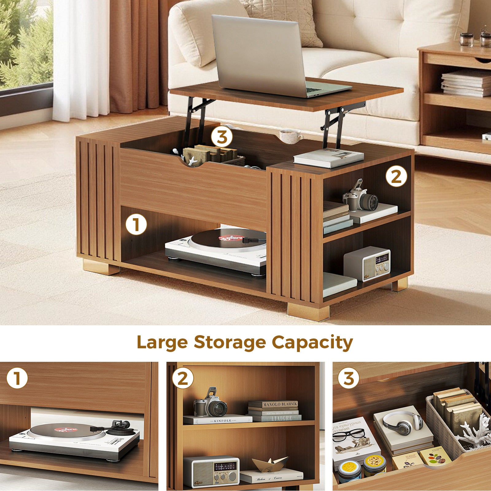 COMHOMA Coffee Table with Lifting Top & Hidden Storage