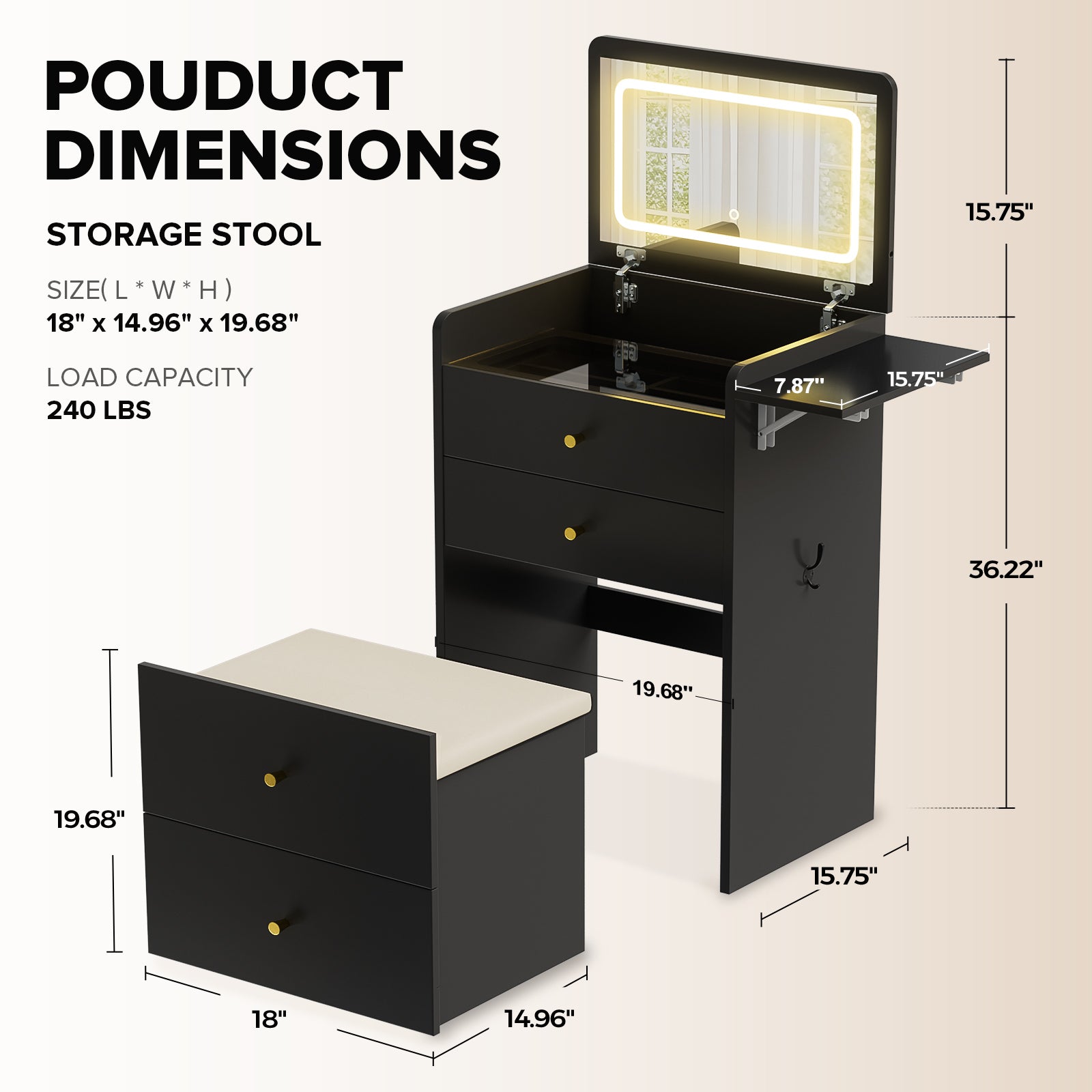 LUCKLIFE Small Makeup Vanity Desk with Mirror and Lights, Small 3 in 1 Vanity Table with Visible Glass Top, Flip Top & 3 Drawers B500