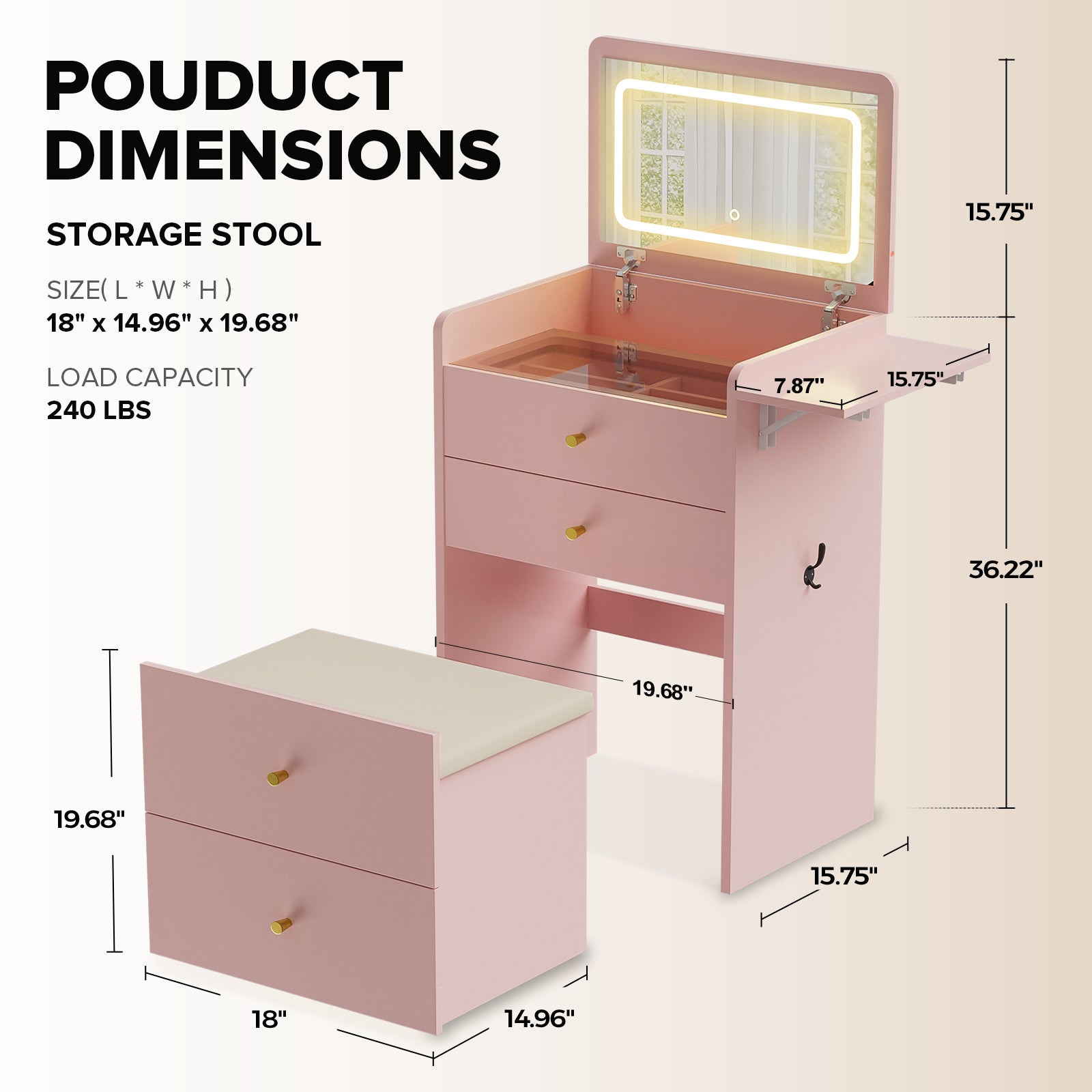 LUCKLIFE Small Makeup Vanity Desk with Mirror and Lights, Small 3 in 1 Vanity Table with Visible Glass Top, Flip Top & 3 Drawers B500
