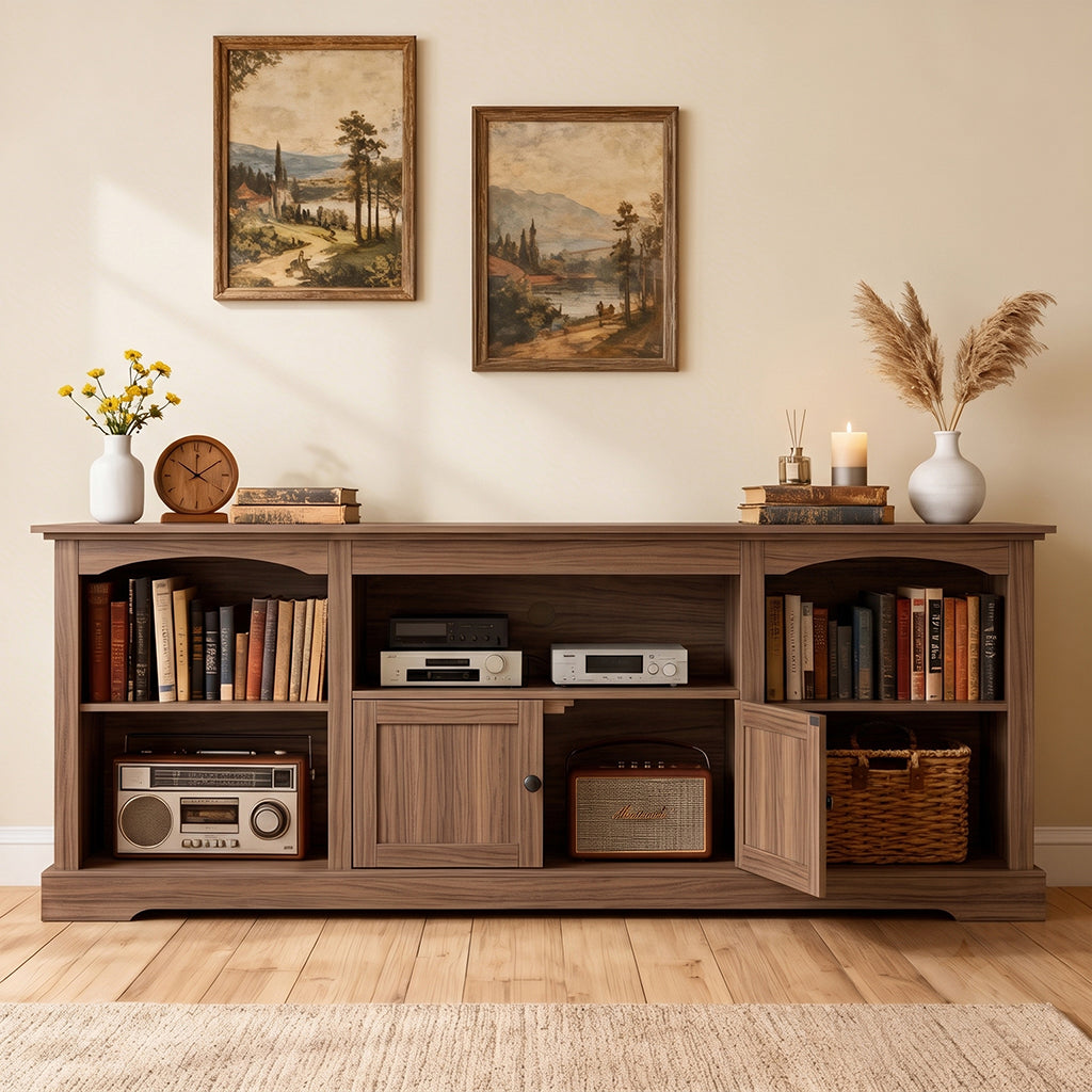 COMHOMA® 71" TV Stand for up to 80 Inch TV, Modern Farmhouse Entertainment Center with Open Storage Shelves and Cable Management Holes for Living Room H1004
