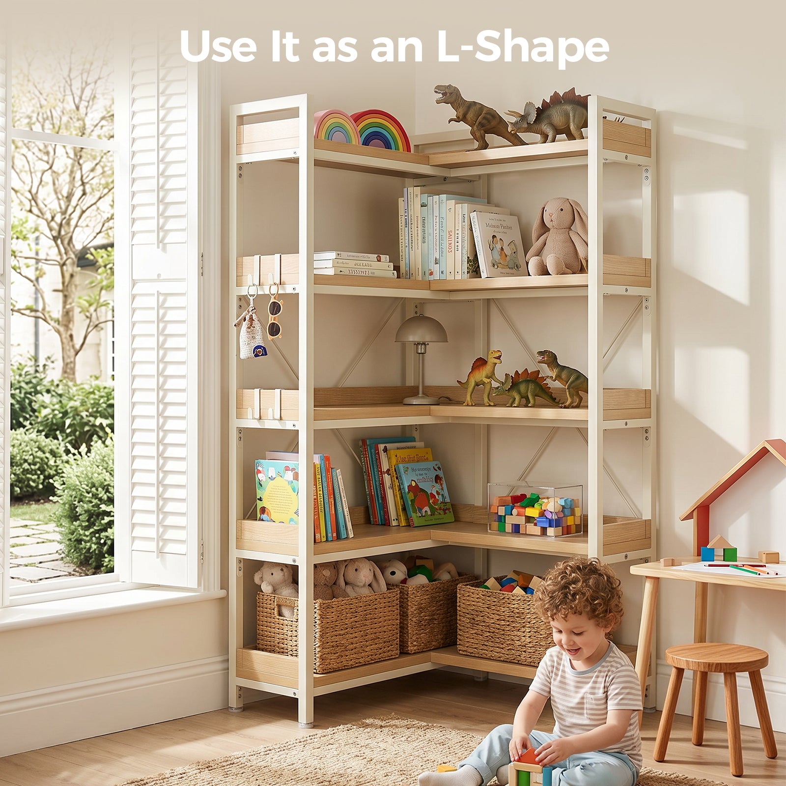 COMHOMA 5-Tier/6-Tier Corner Bookshelf, L-Shaped Metal Frame Shelf with Tall 14" Shelves HBOK1