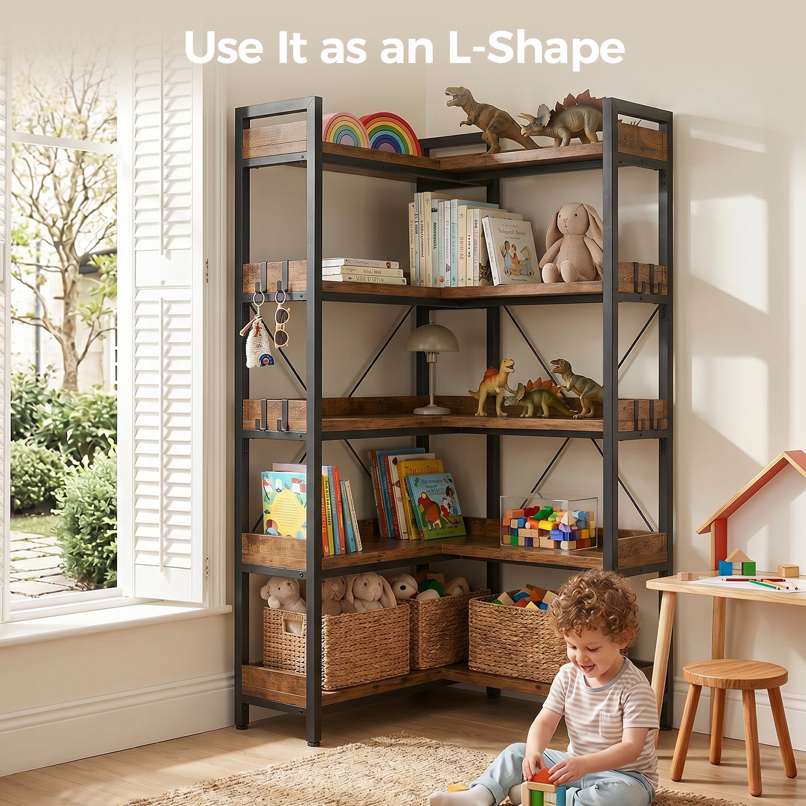 COMHOMA 5-Tier/6-Tier Corner Bookshelf, L-Shaped Metal Frame Shelf with Tall 14" Shelves HBOK1